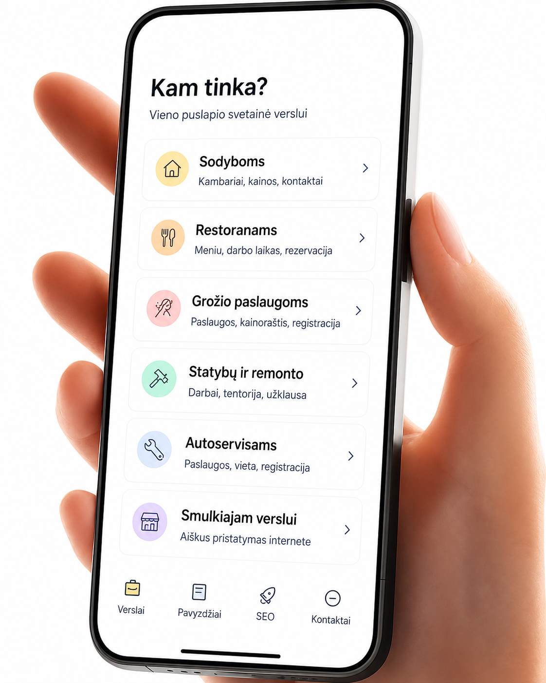 Vieno puslapio svetainės vaizdas mobiliajame telefone