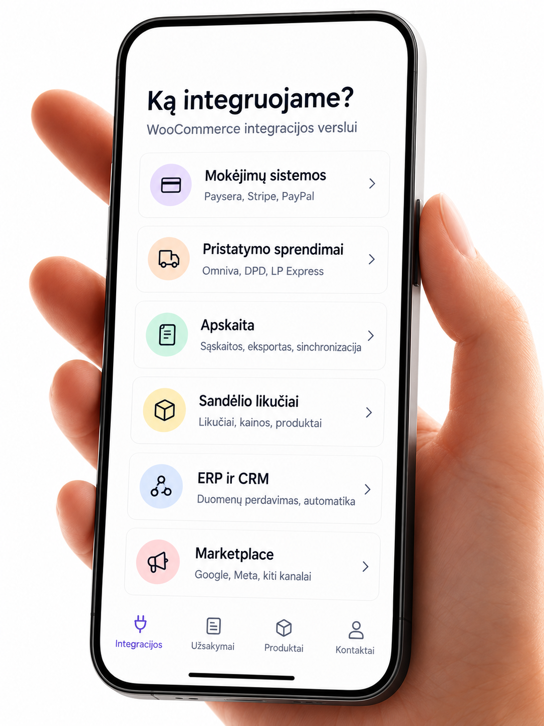 WooCommerce integracijos veikimo schema - duomenų apsikeitimas tarp sistemų